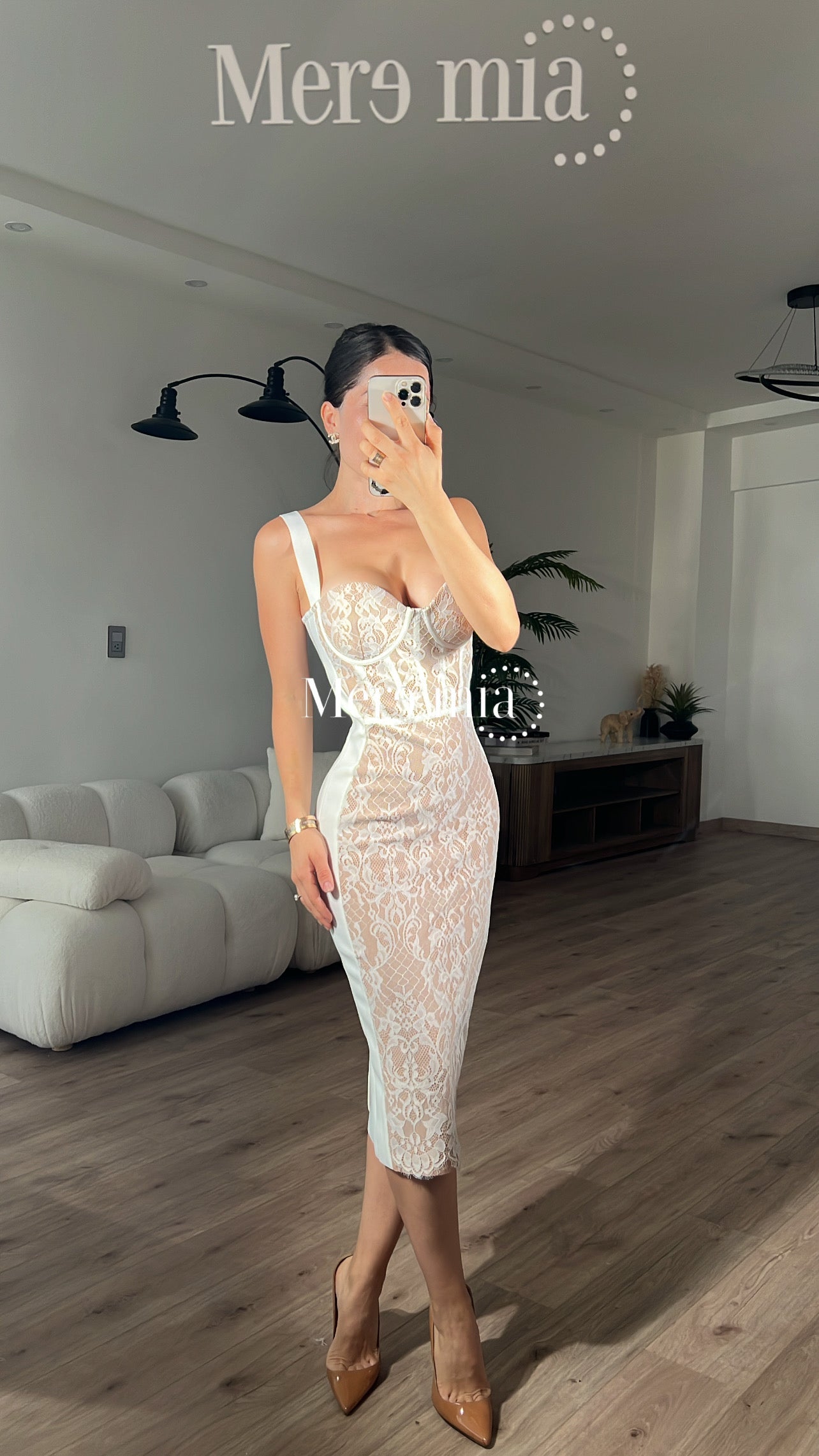 Vestido encaje nude blanco