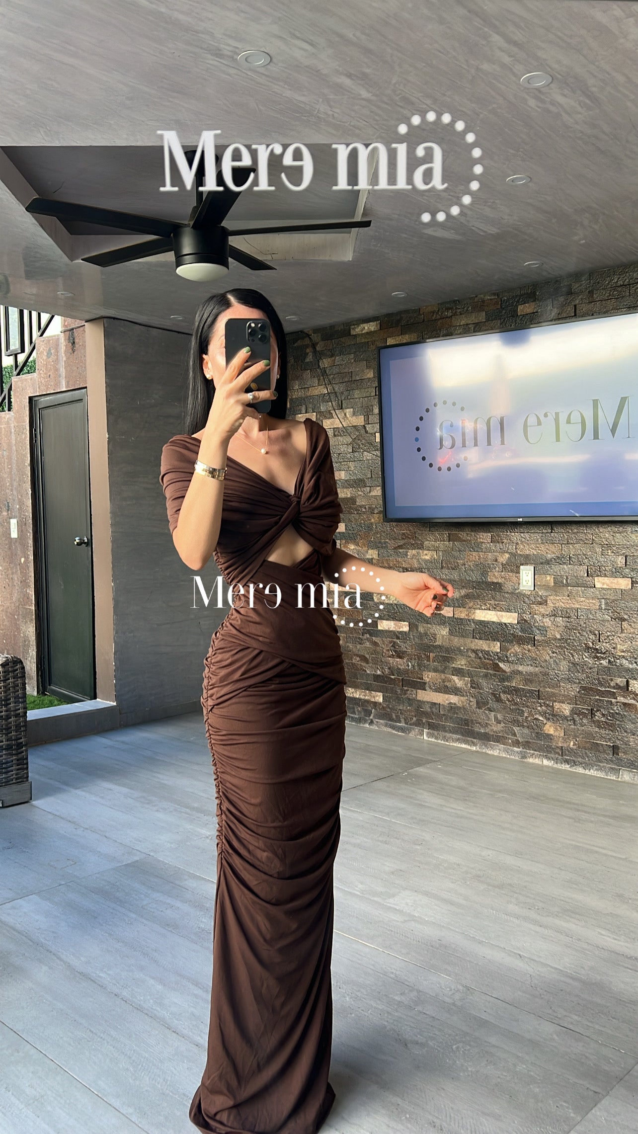 Vestido Café Draped Off-Shouldes