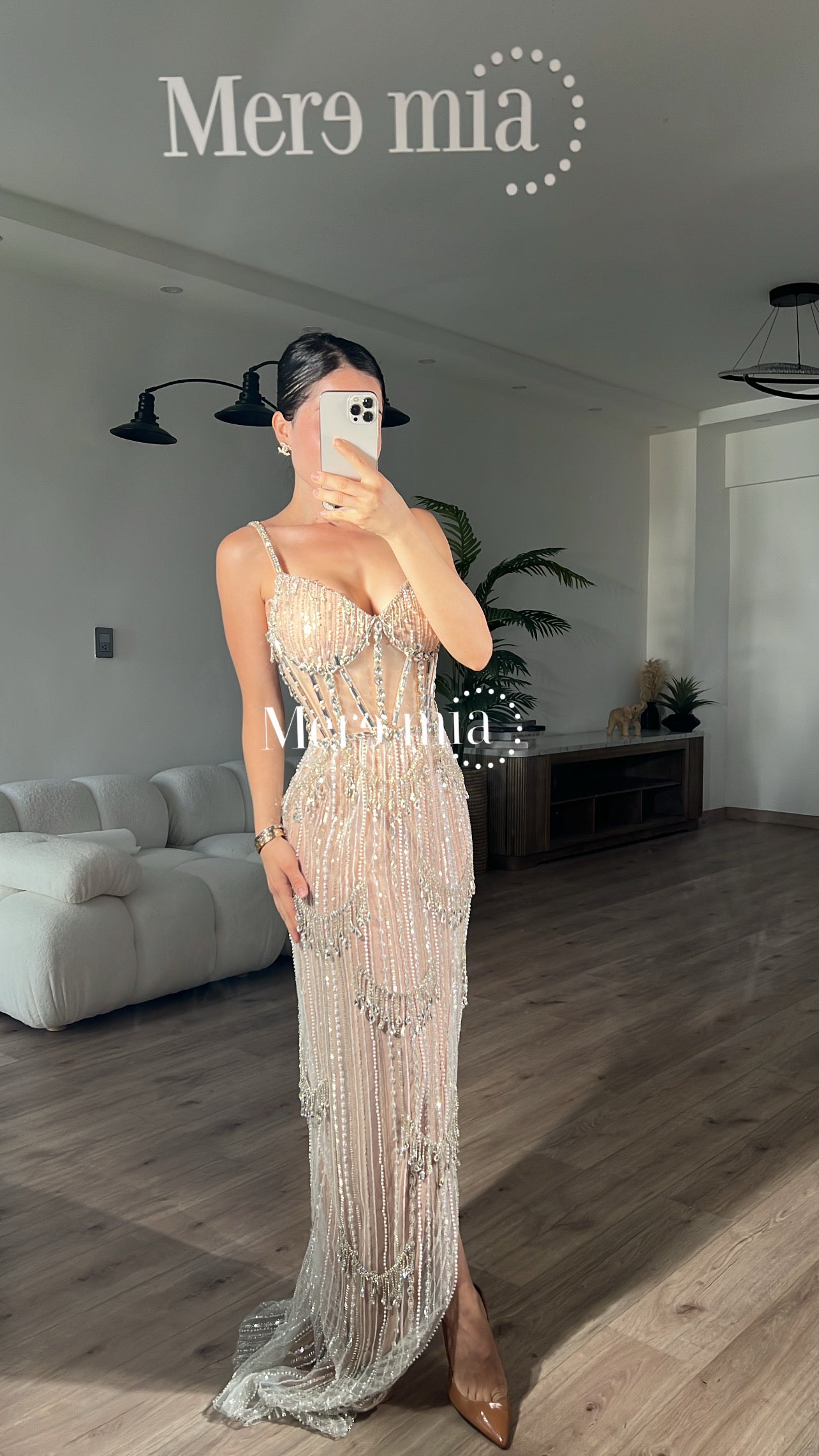 Vestido nude plata largo