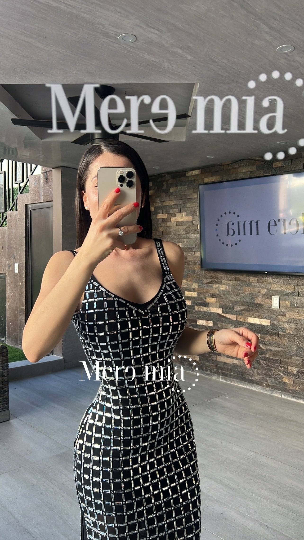 Vestido negro apl cuadros plata