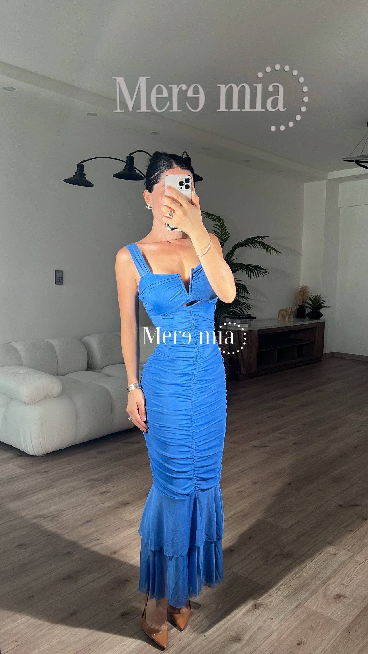 Vestido azul plisado largo