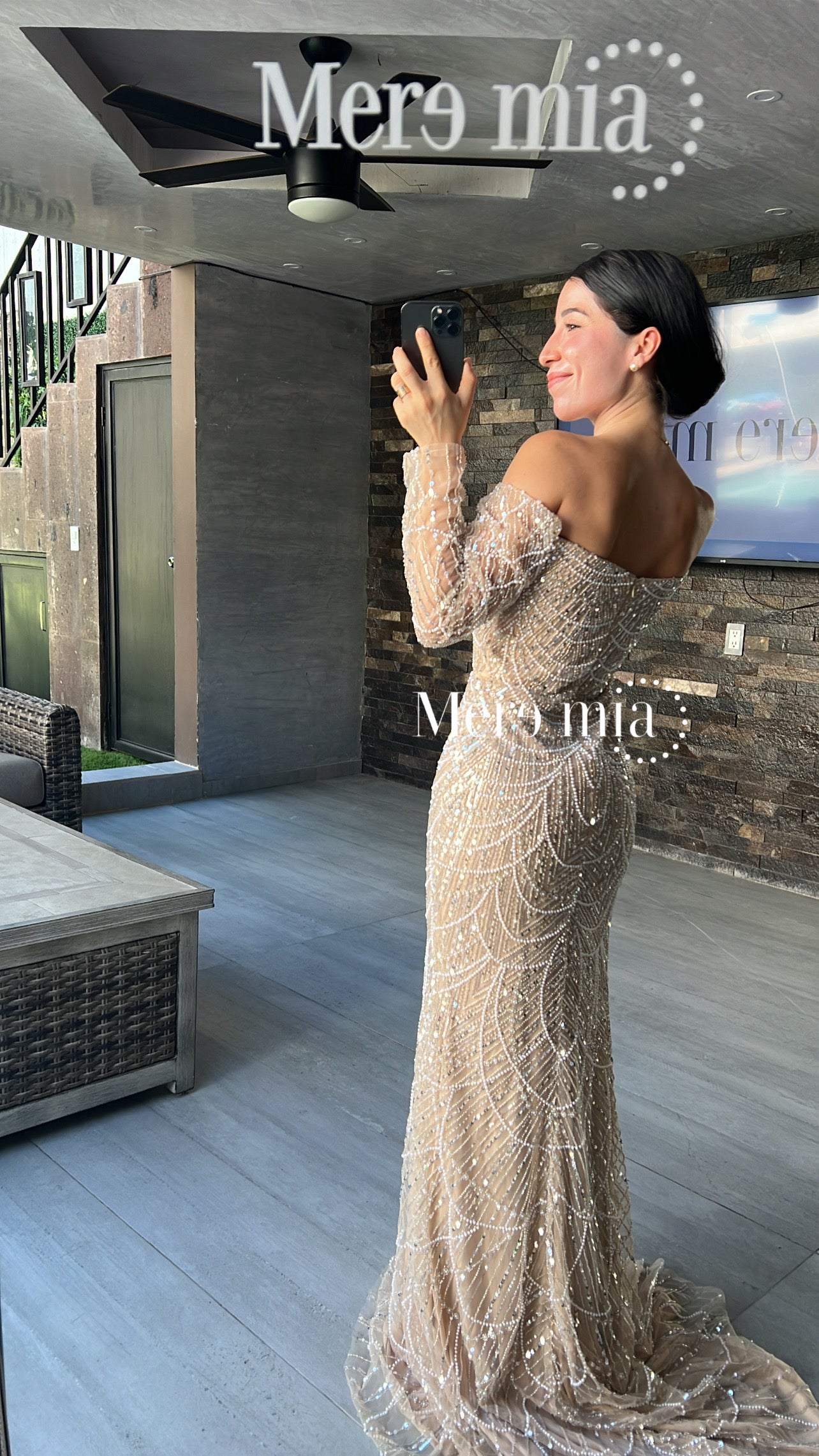 Vestido largo nude magas perlas