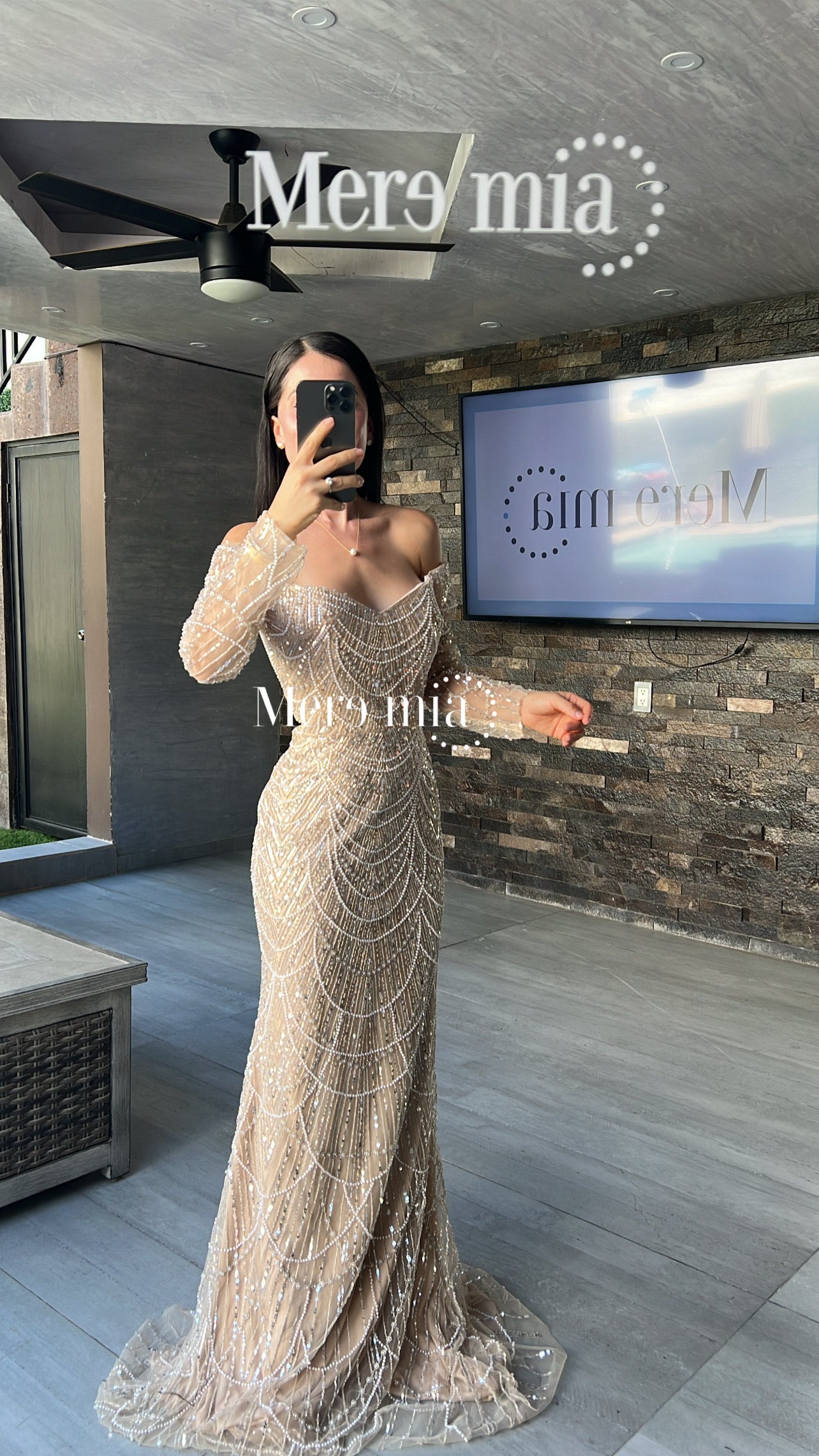 Vestido largo nude magas perlas